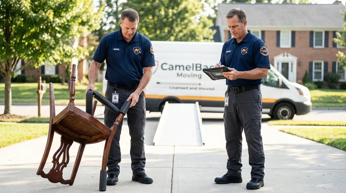 Movers inspecting furniture for damage prevention before loading in Cornell, WI